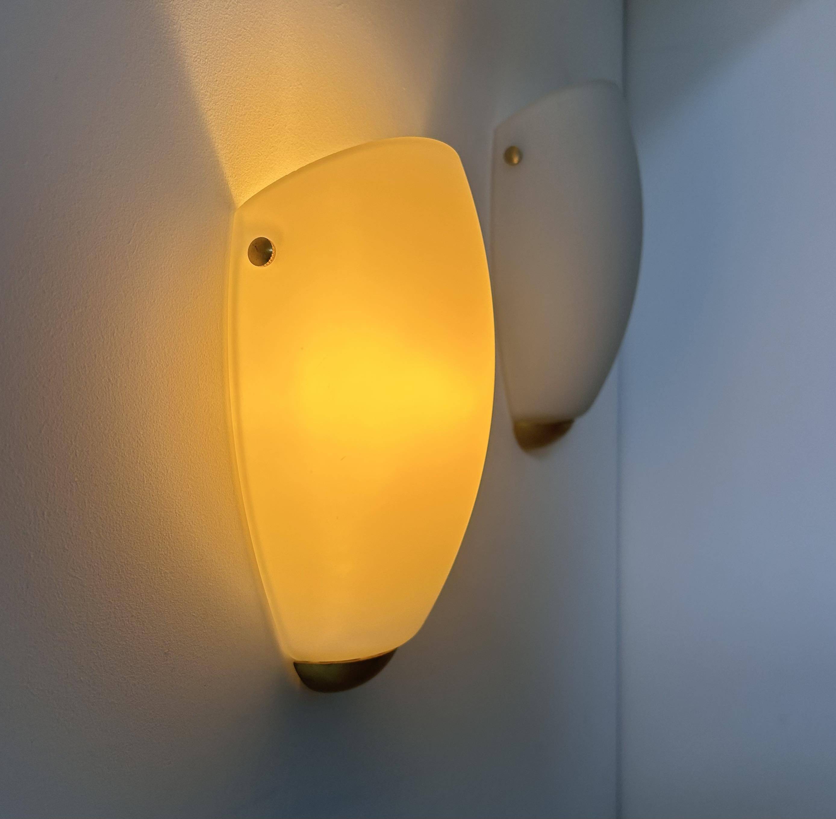 Pair of vintage wall lights, opaline glass and brass, Sweden 1970s