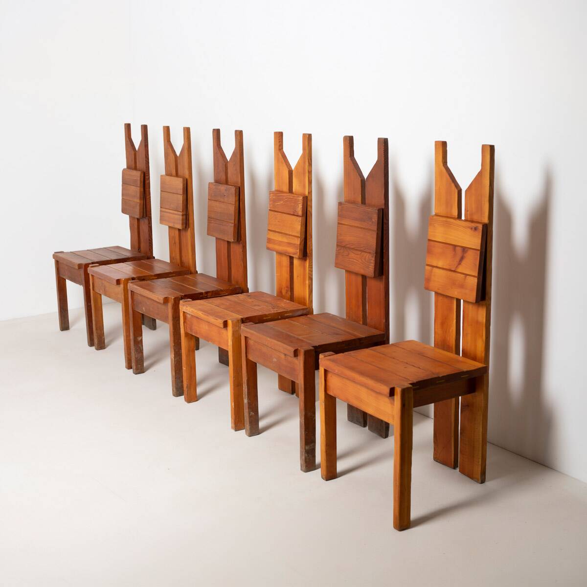 Set of large unique brutalist dining table and 6 chairs in pine, Czechoslov