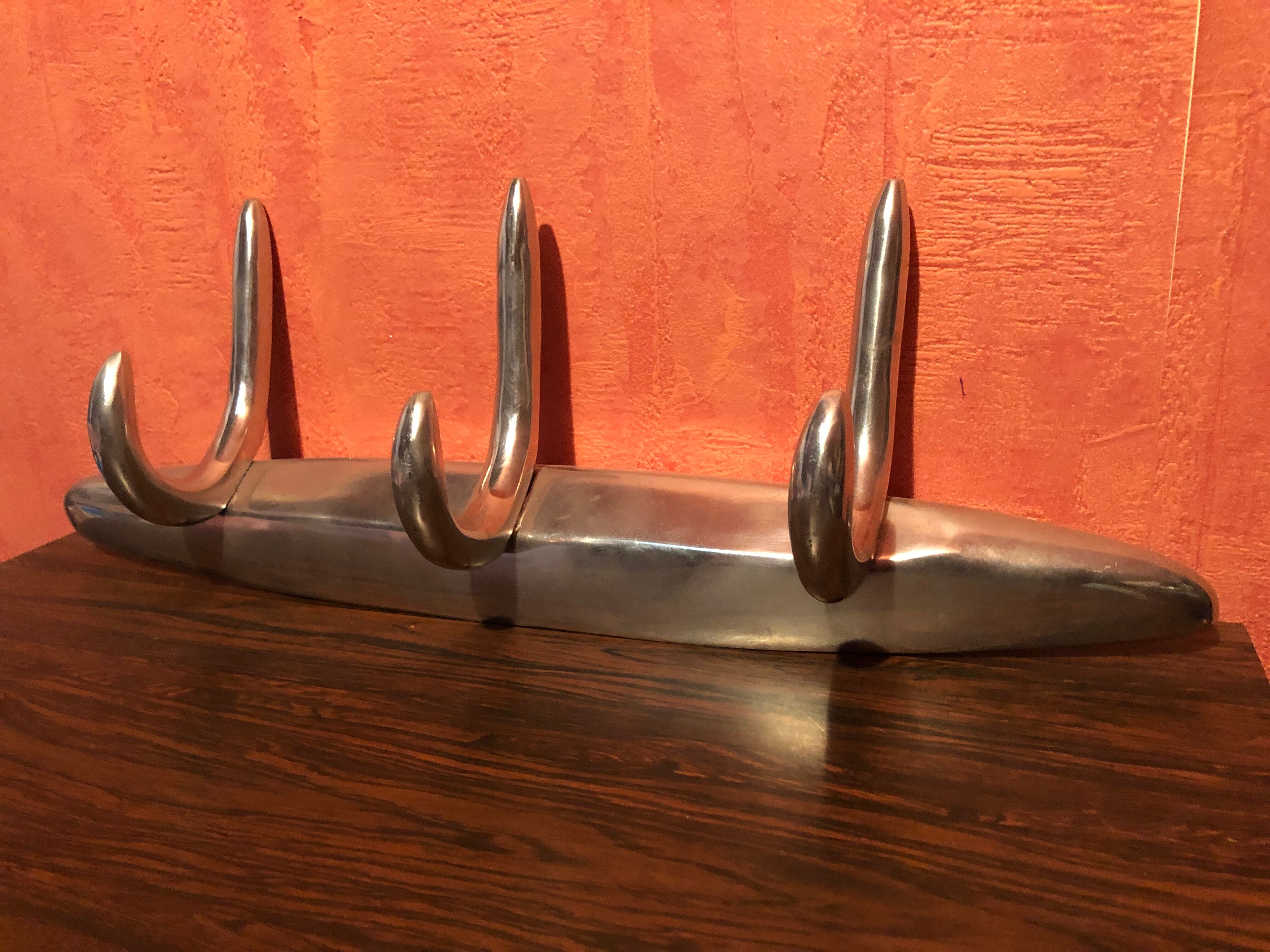 Old wall coat rack 3 patères doubles metal chrome design vintage