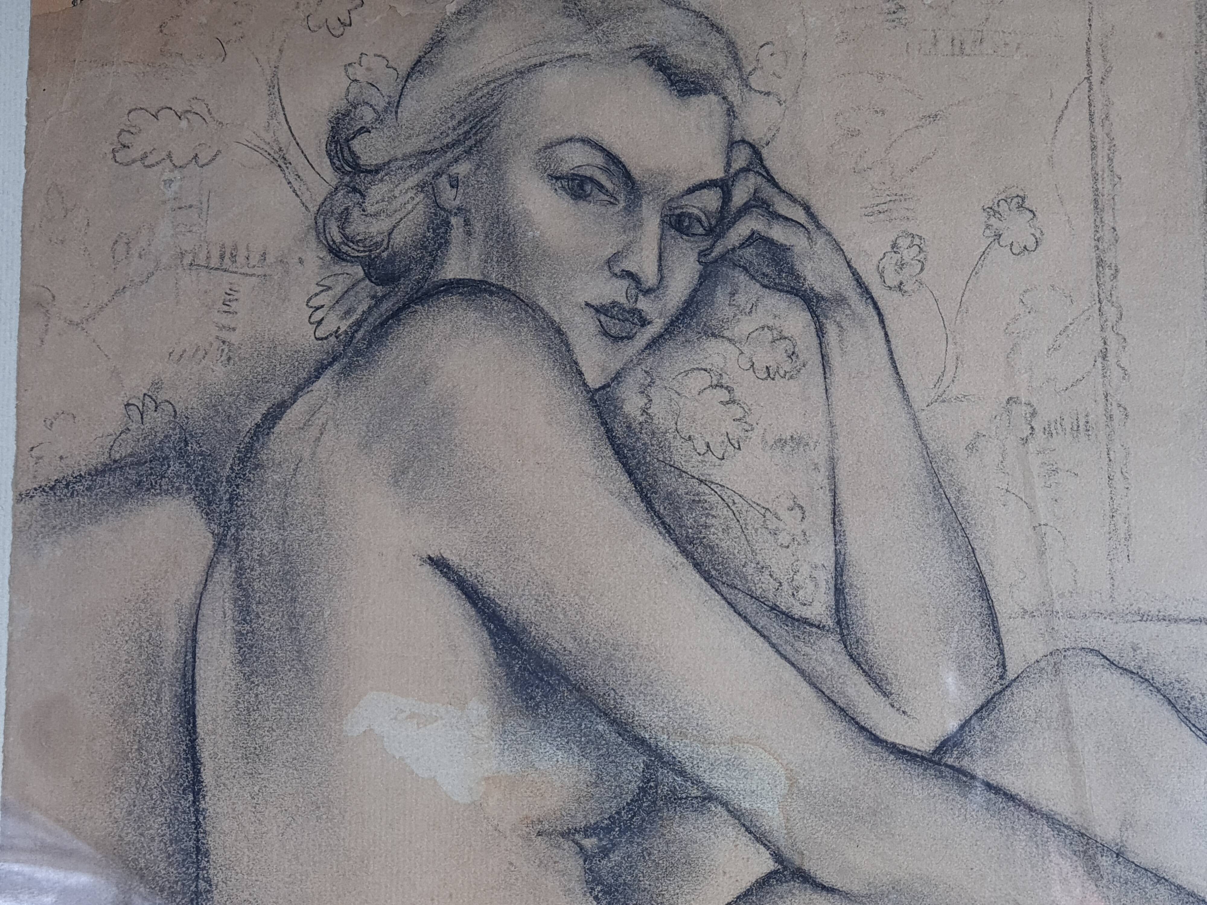 A-c. chartier (1874-1957) femme nue assise dessin fusain art déco 72x57 cm sb