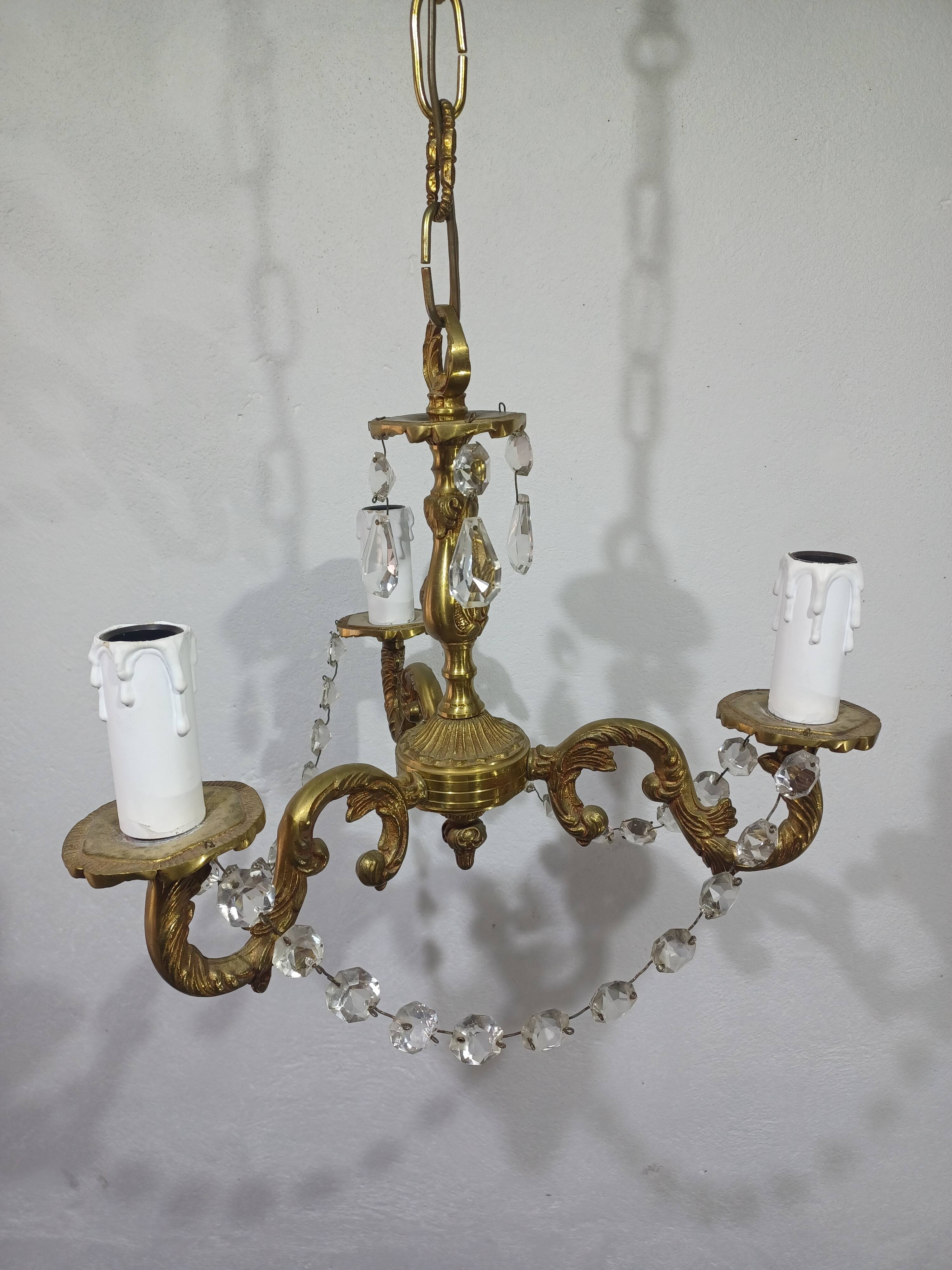 3-light bronze and crystal chandelier