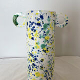 Green blue yellow speckled ceramic vase with abstract wool round handles