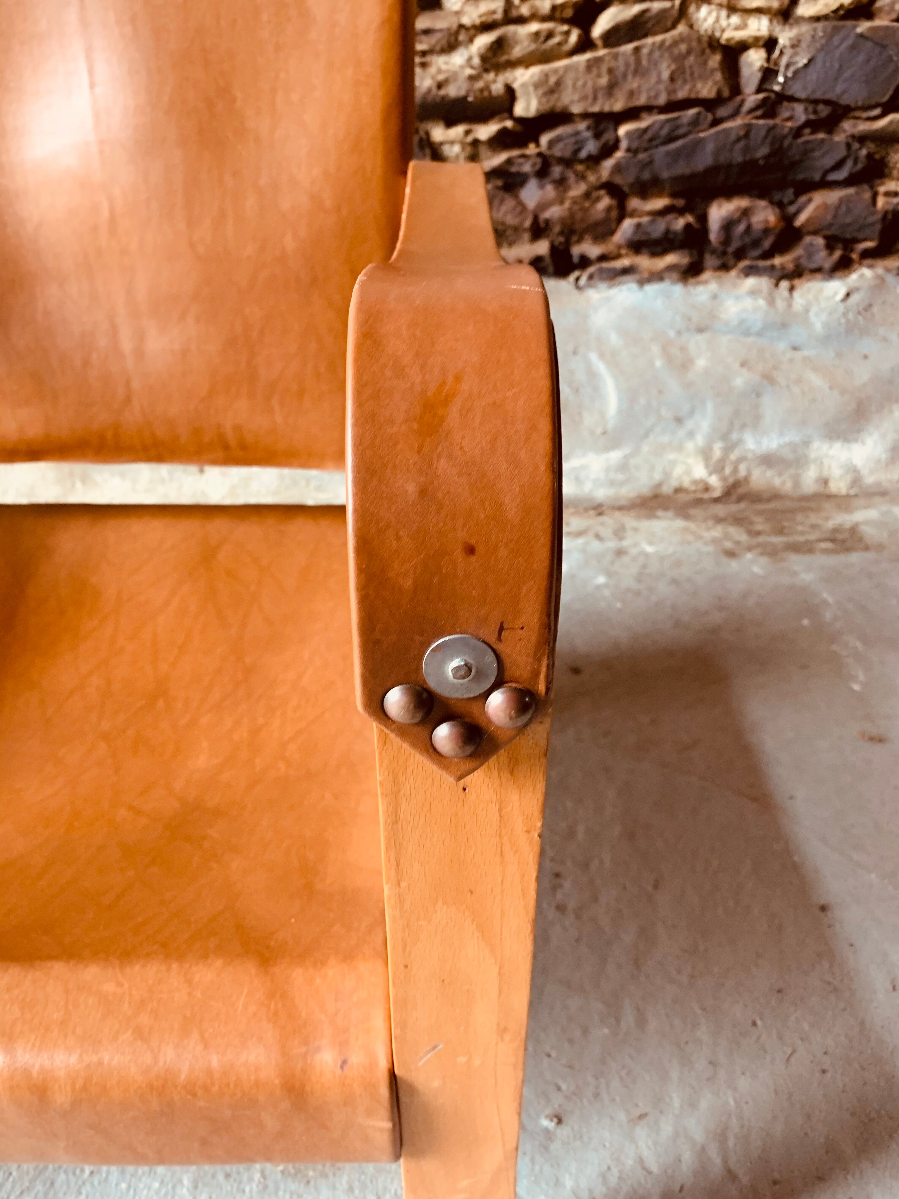 Safari armchair in wood and leather -1950's