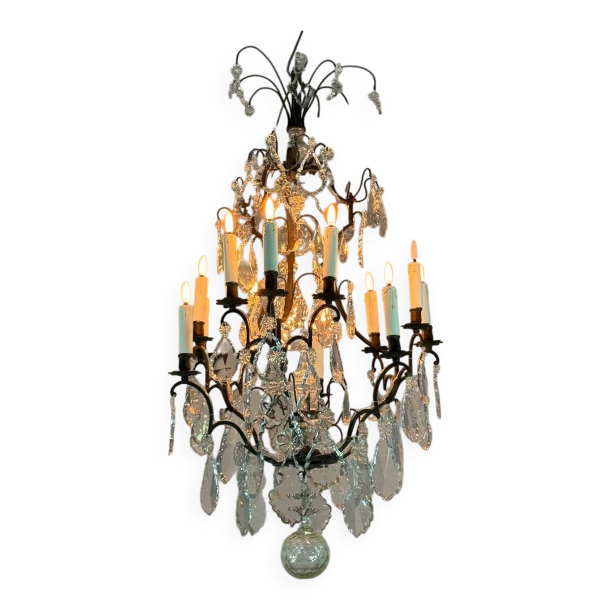 Black patinated bronze cage chandelier decorated with cut crystal pendants circa 1900