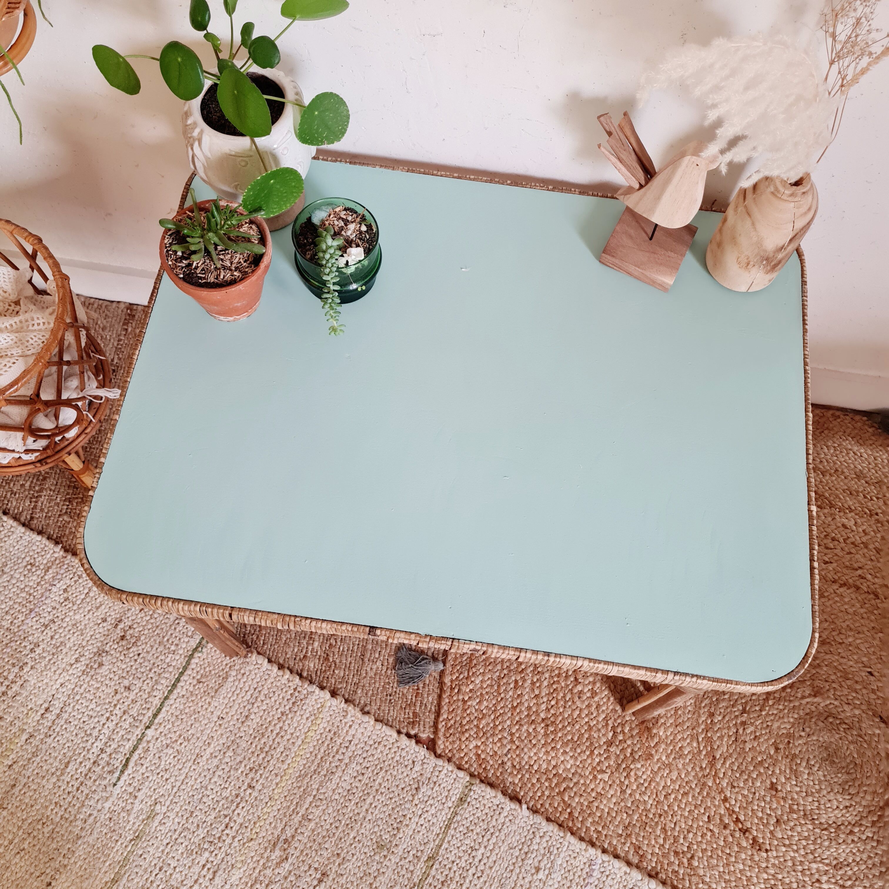 Rattan coffee table blue top