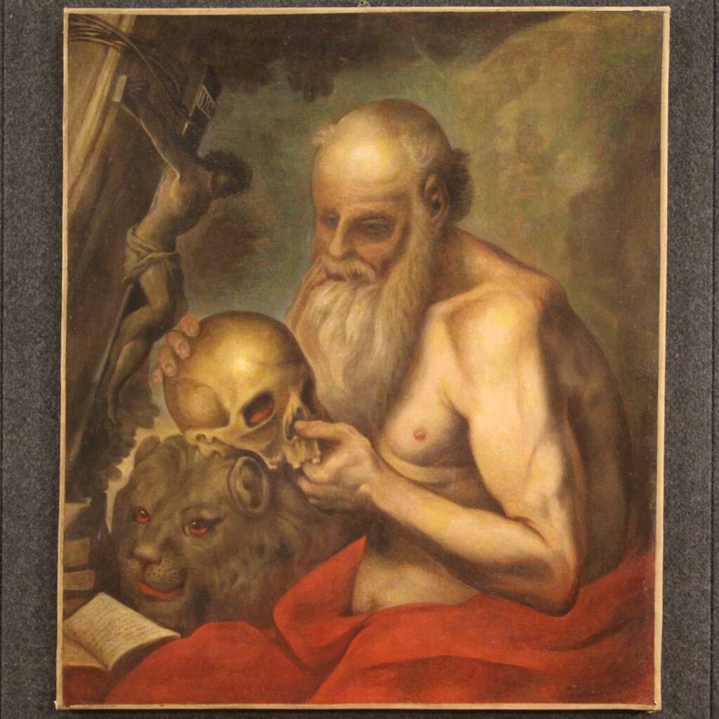 Antique religious painting from the 17th century, Saint Jerome