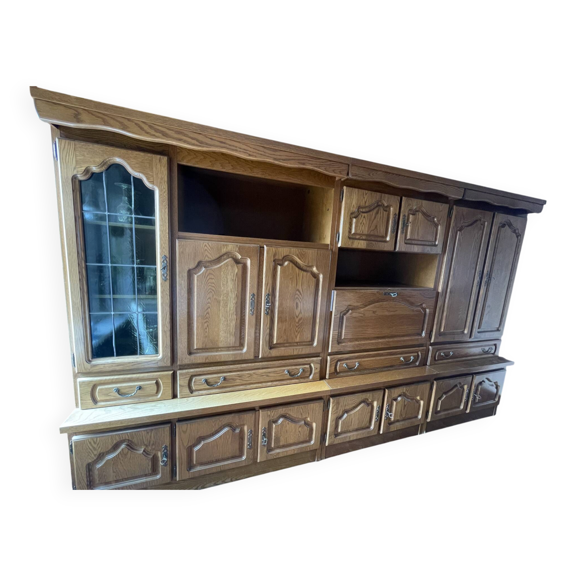 Vintage oak modular wall unit – 3 pieces with display cabinet