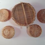 Set of 5 baskets rattan trays including a vintage sieve to hang vintage diameter of the smallest