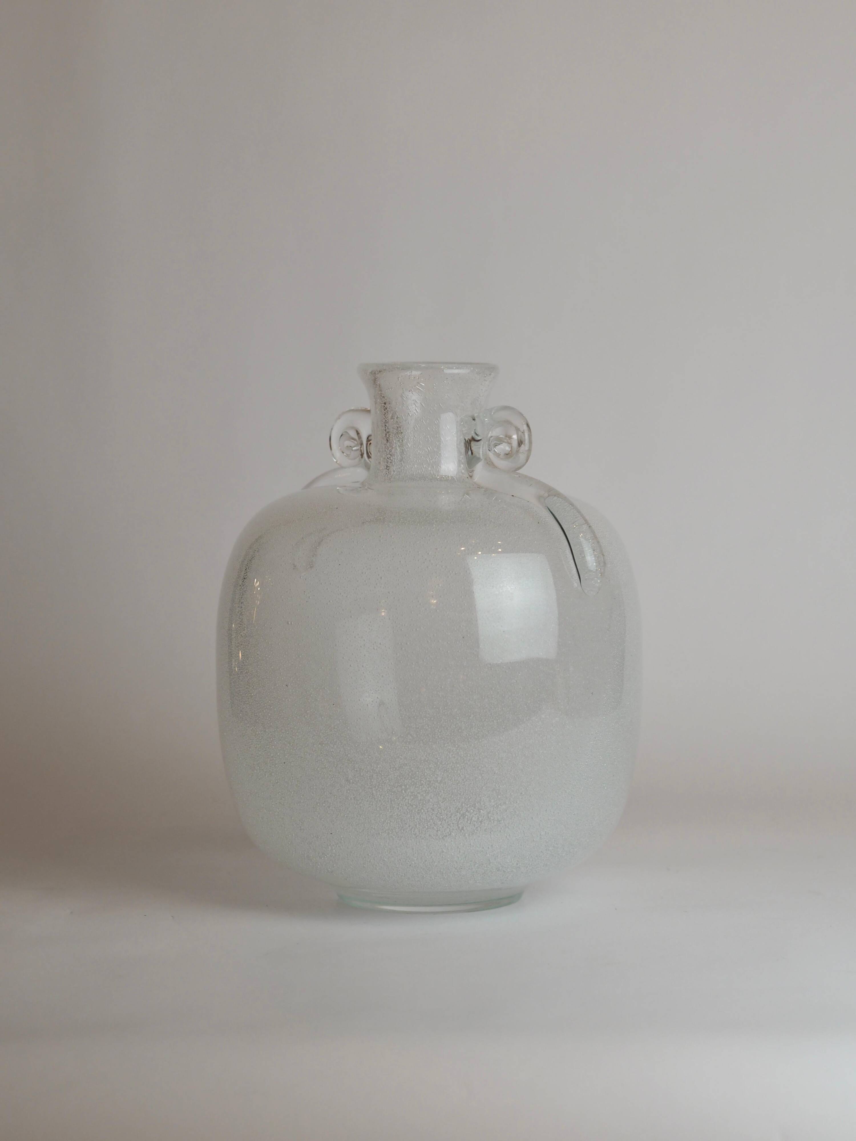 Murano glass vase "Pulegoso" in the shape of an amphora, with scroll handles, signed Seguso Vetri d'Arte.