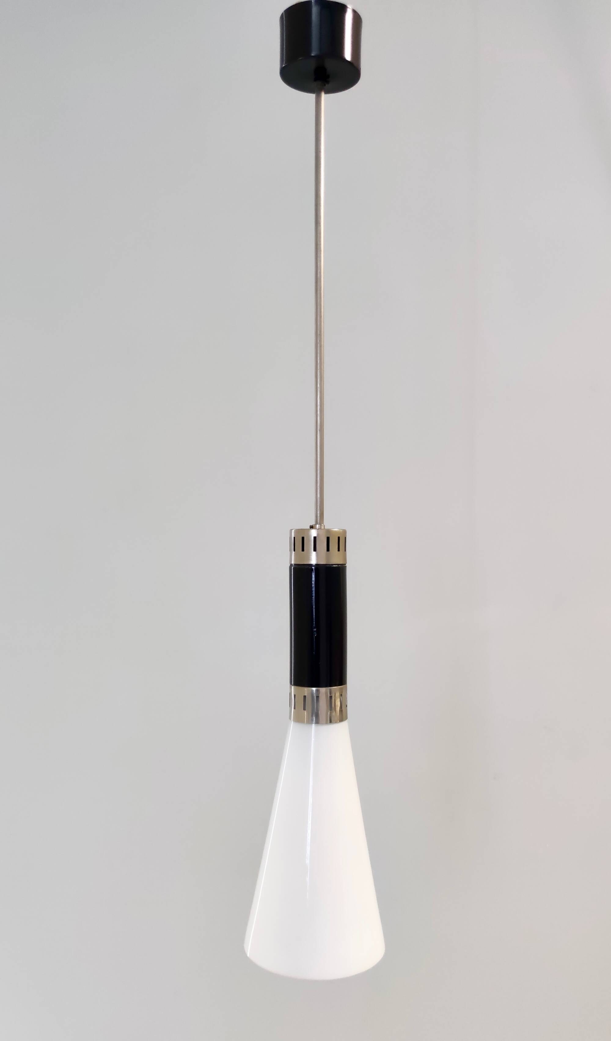 Opaline Glass and Chrome-Plated Brass Pendant by Stilnovo, Italy