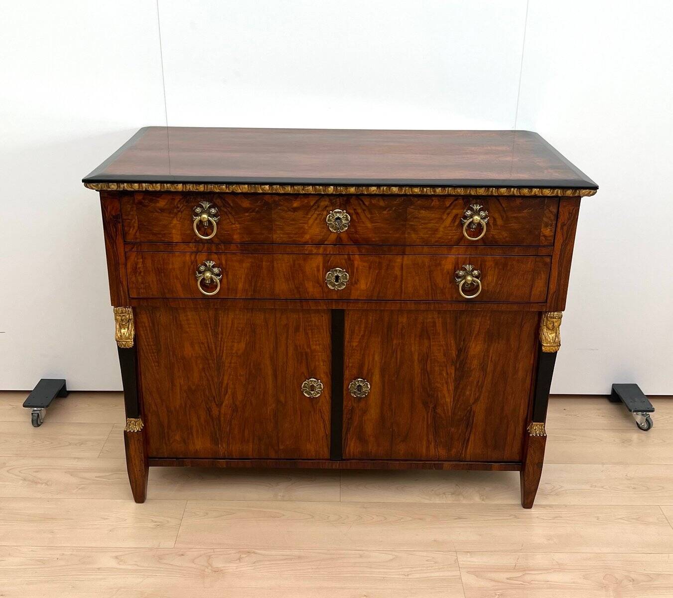Biedermeier Chest in Walnut Veneer, Cherry, Gold Leaf & Brass, Austria, 1815