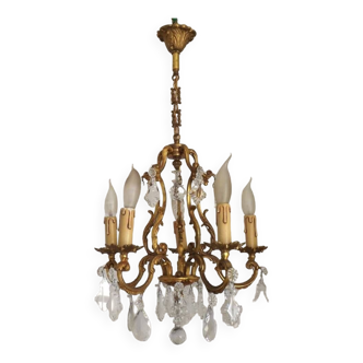 Vintage French Gilt Bronze 5 Light Cage Chandelier With Assorted Crystals 4678