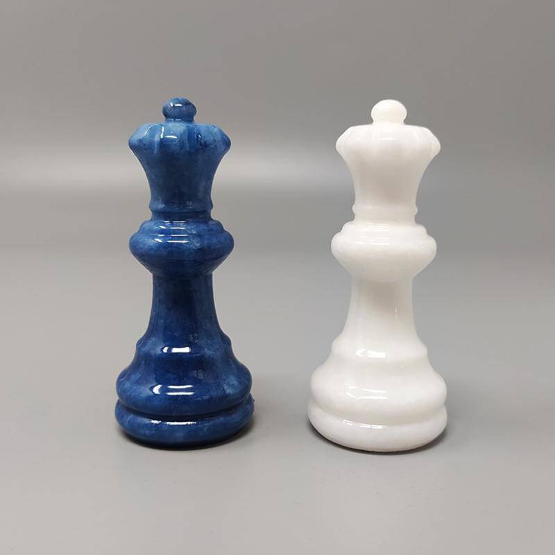 1970s Blue and White Chess Set in Volterra Alabaster Handmade. Made