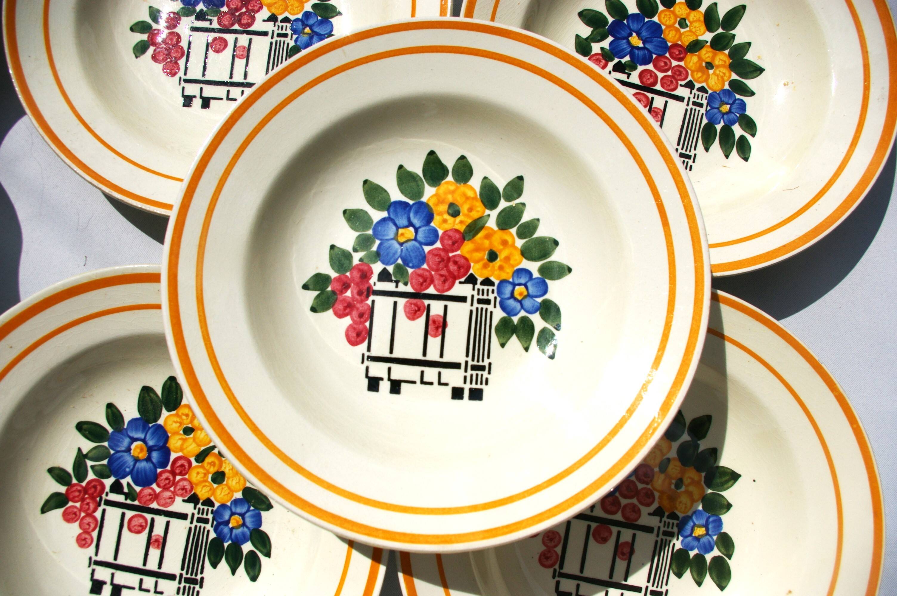 10 HB Creil Montereau earthenware soup plates, "Fleuri" model