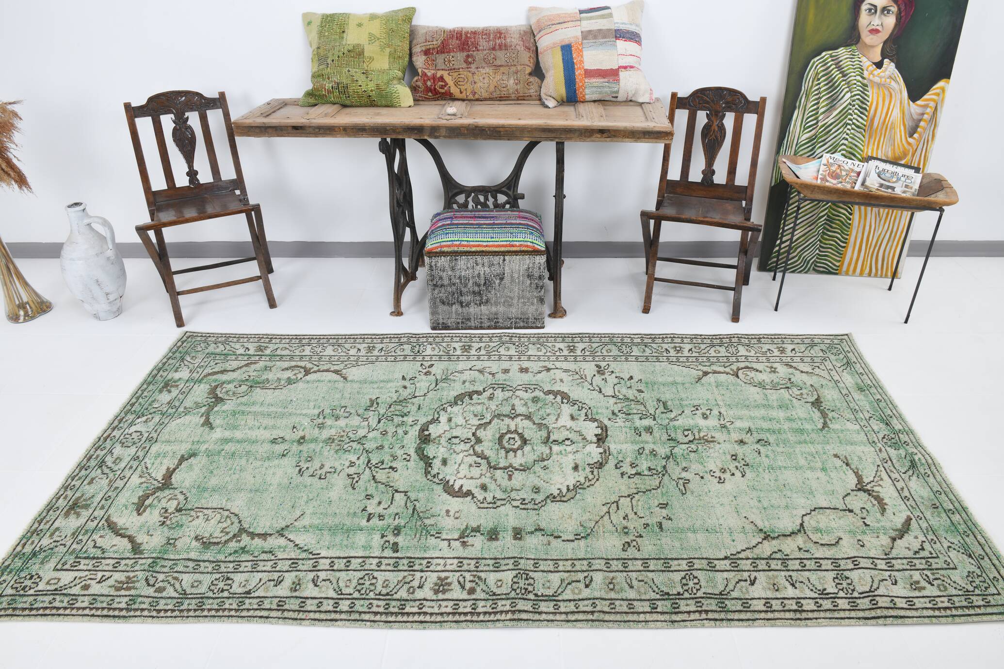 4x9 Rug For Living Room Green Oriental Turkish Vintage Rug, 135x270Cm