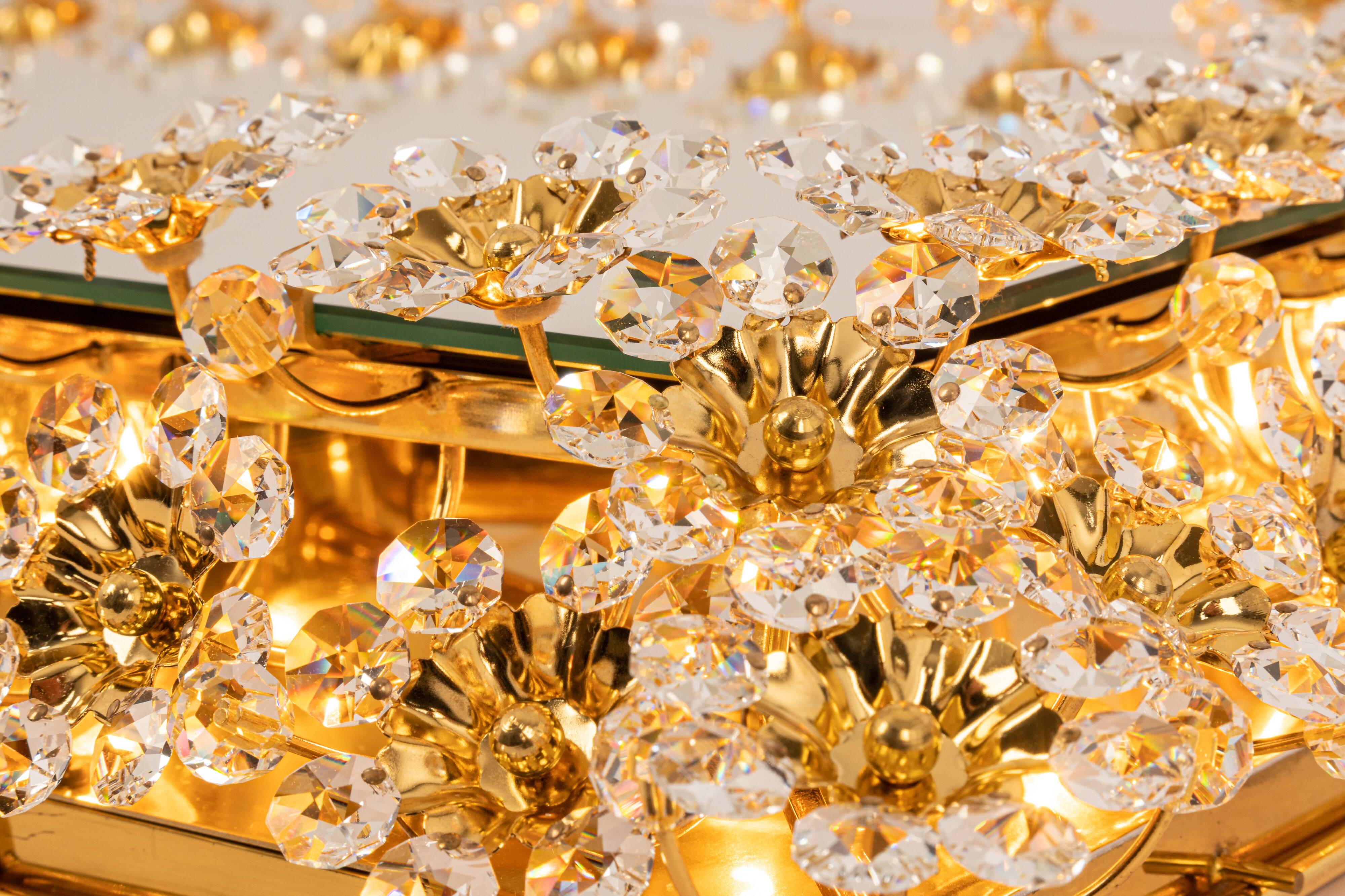 Spectacular backlit mirror in gilded brass and crystal glass by Palwa, Germany.