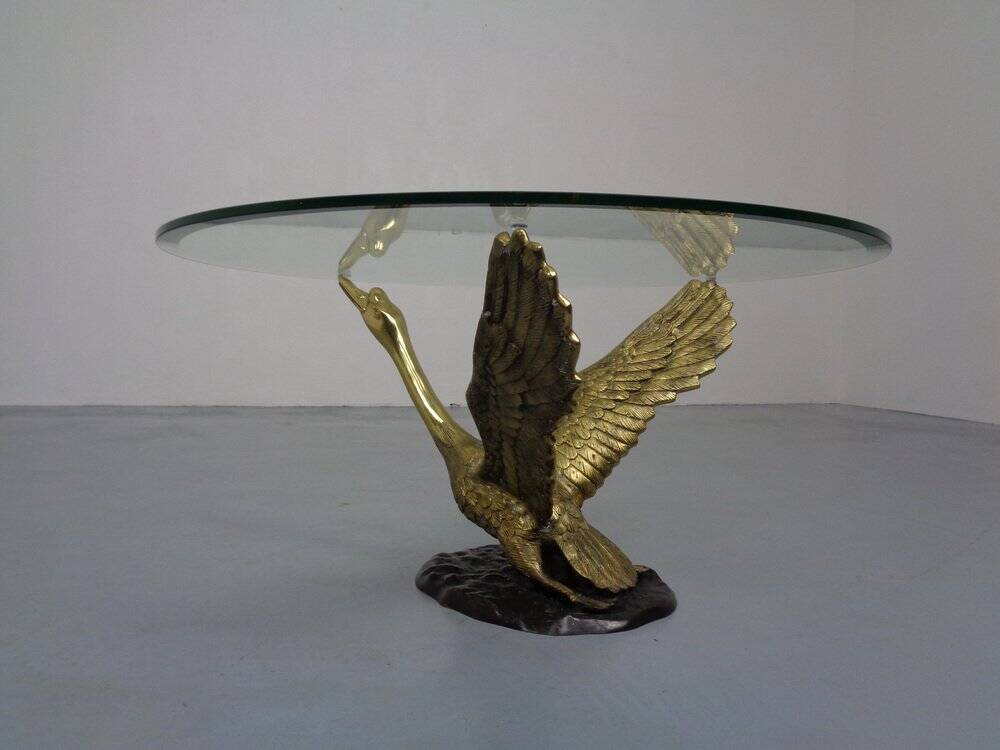 French Swan Coffee Table in Brass and Glass, 1960s