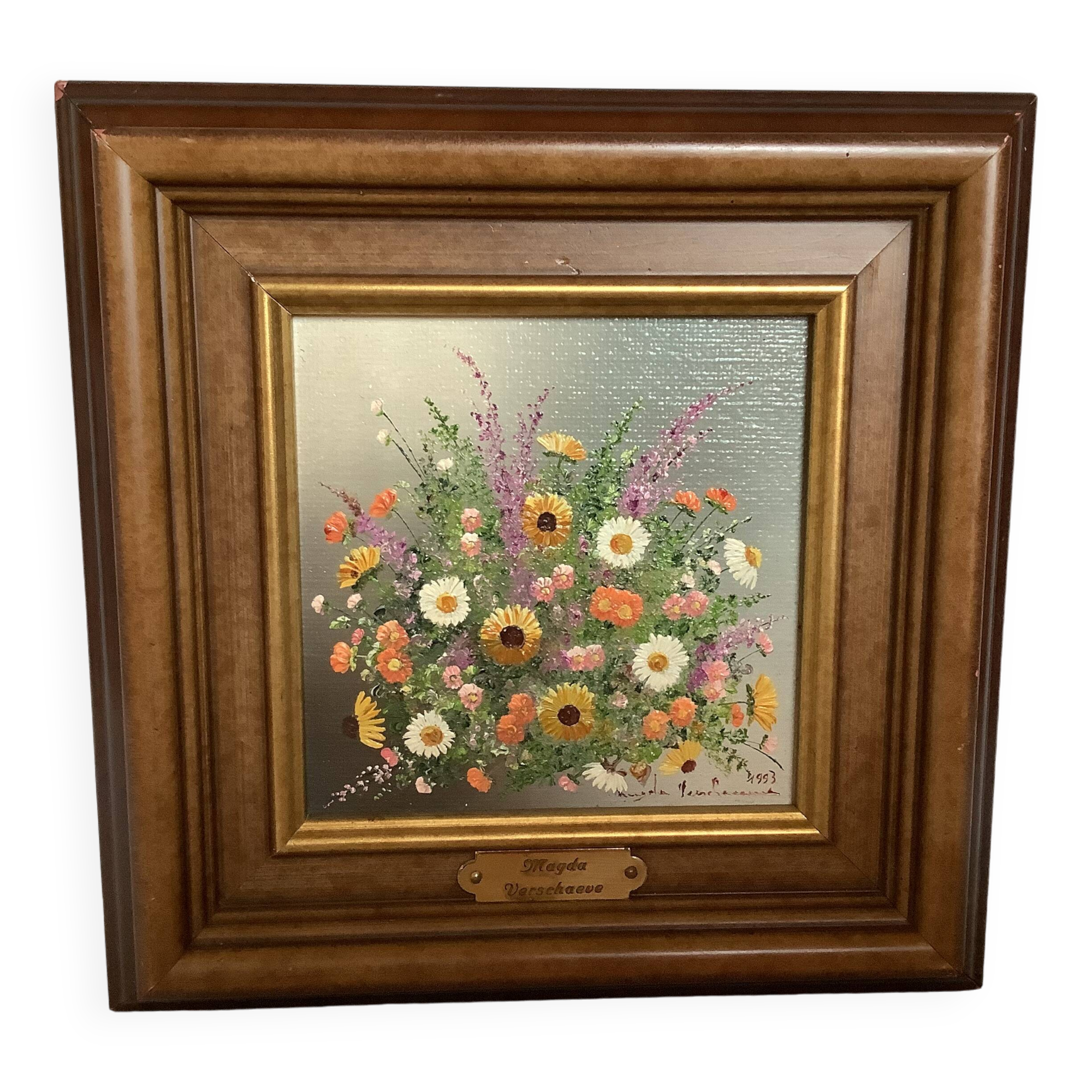 Peinture à l'huile sur isorel "Fleurs" de Magda Verschaeve