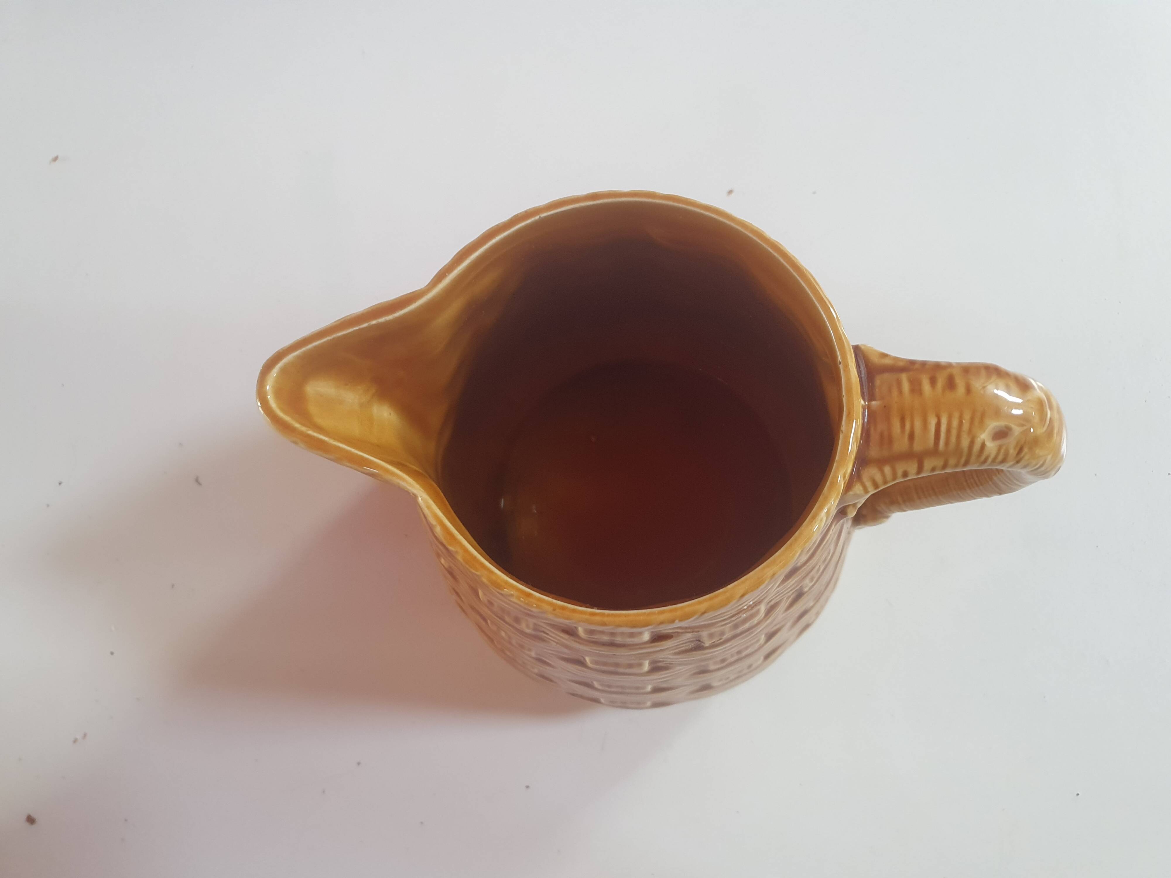 Vintage digoin sarreguemines pitcher in slip in yellow numbered woven basket pattern