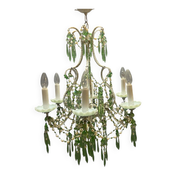 Chandelier en verre opalin perlé des années 1950, cristal bleu pastel et vert