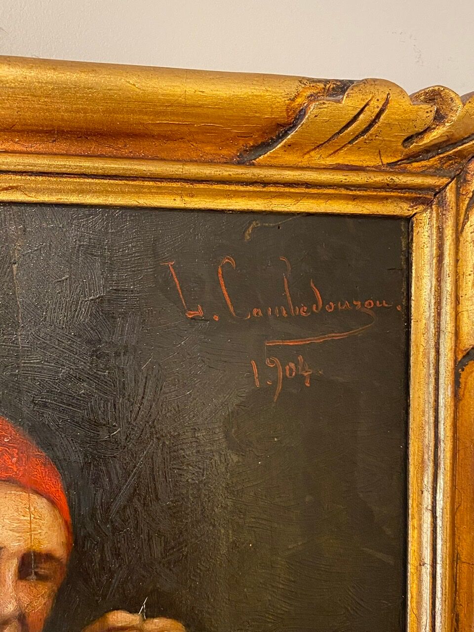 Old painting, the seamstress, signed L Cambedouzou and dated 1904