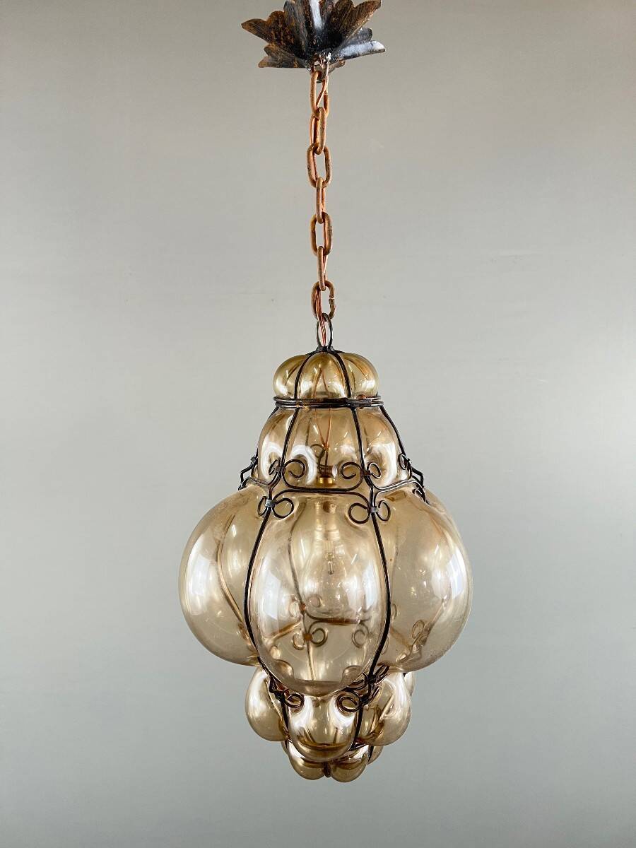 Amber Blown Glass Hanging Lantern, Italian Work, 20th Century