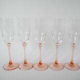 Set of 5 luminarc champagne flutes with pink feet 1970