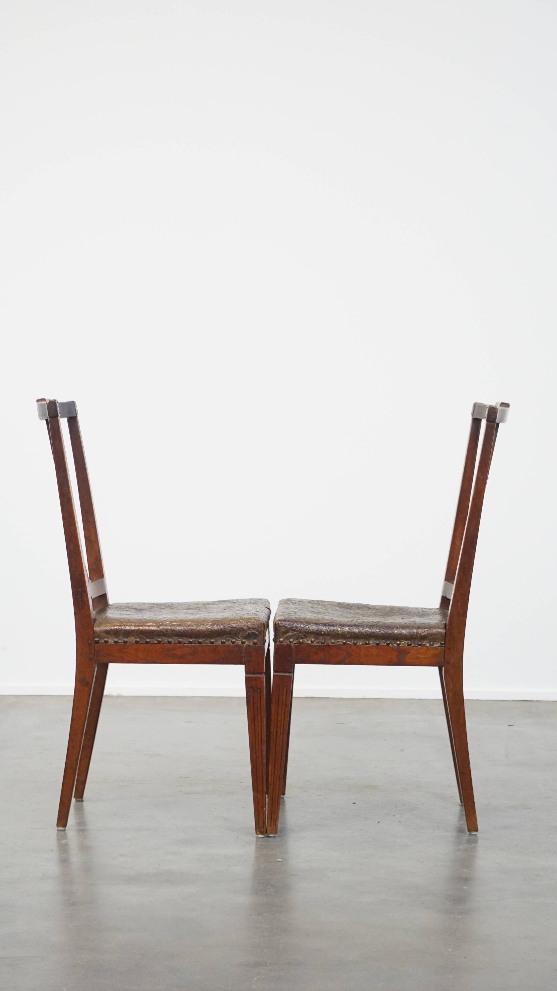 Ensemble de 6 chaises de salle à manger en cuir antiques d'origine néerlandaise