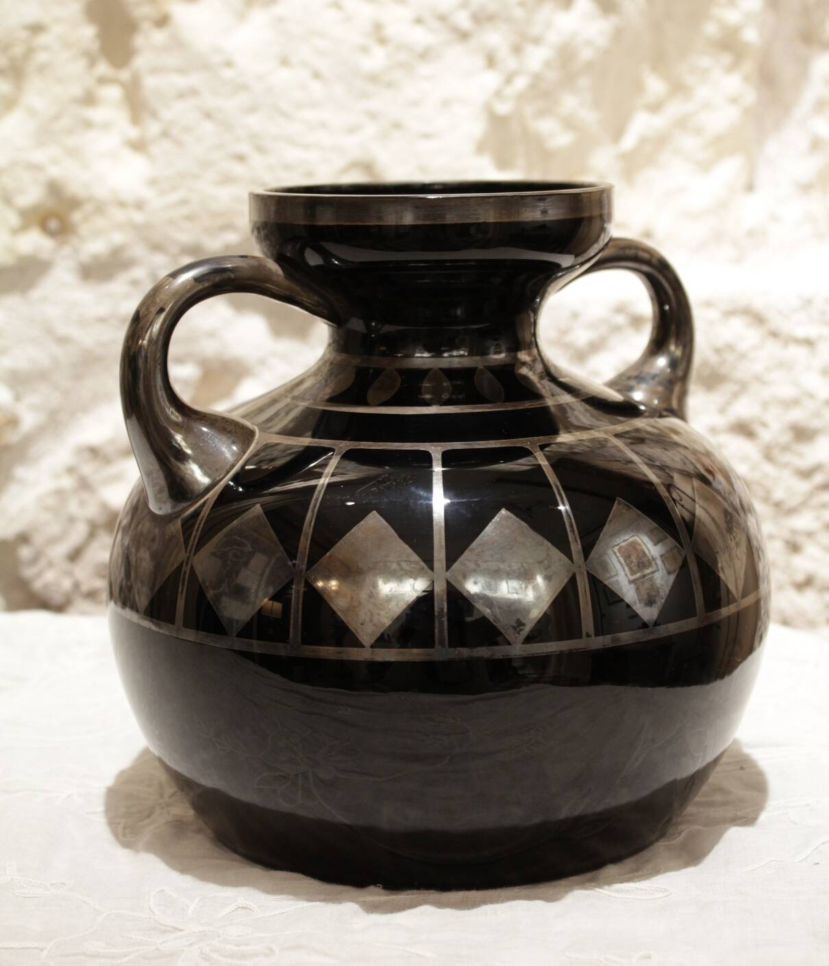 Black and silver glass vase signed hem, michel herman, circa 1930