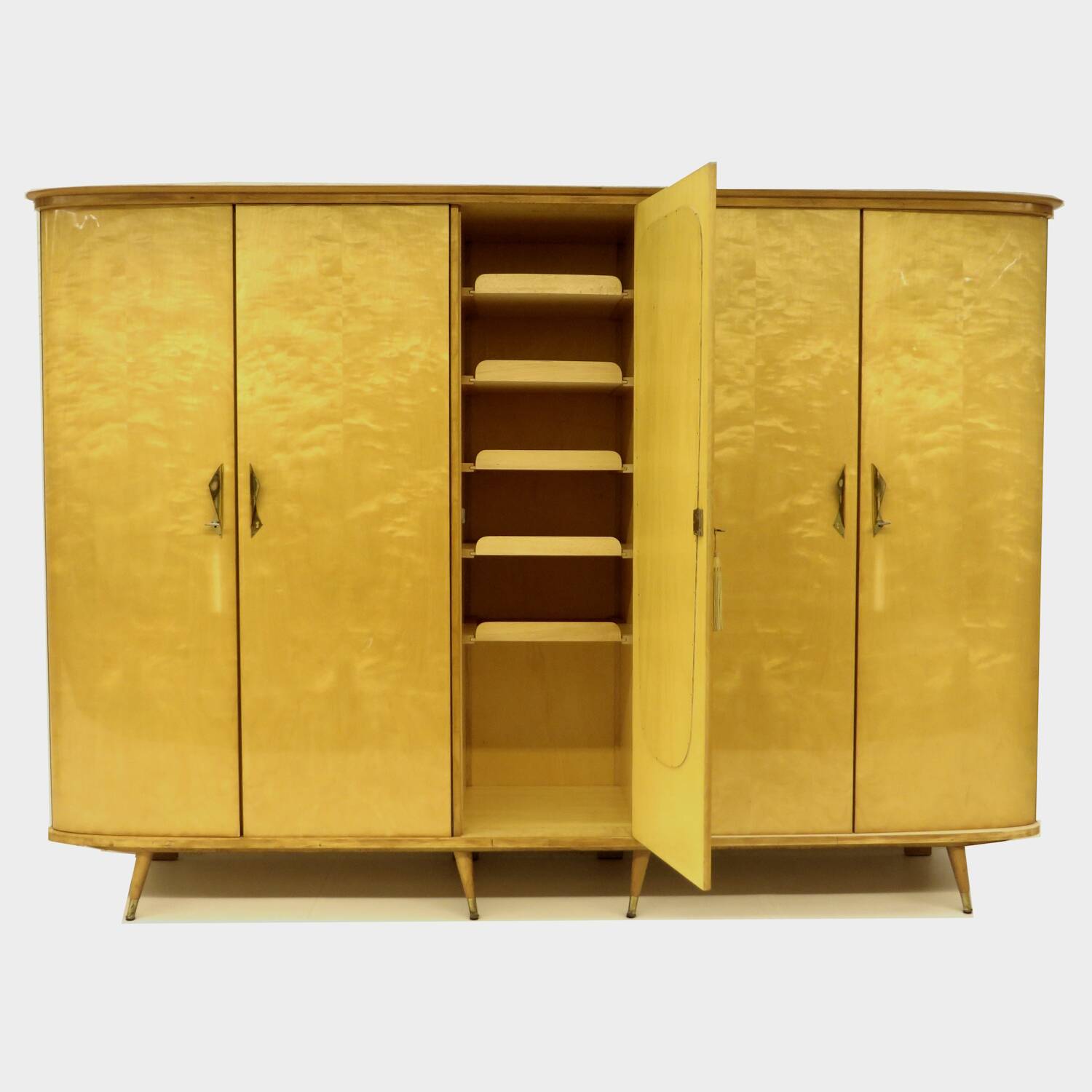 Large vintage mid century modern 5-door XL wardrobe in flamed maple, 1950s