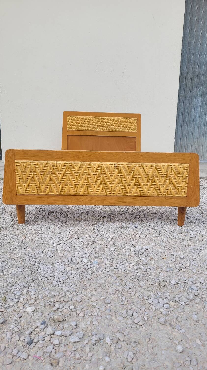 Vintage rattan and solid oak bed 1950s design