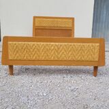 Vintage rattan and solid oak bed 1950s design