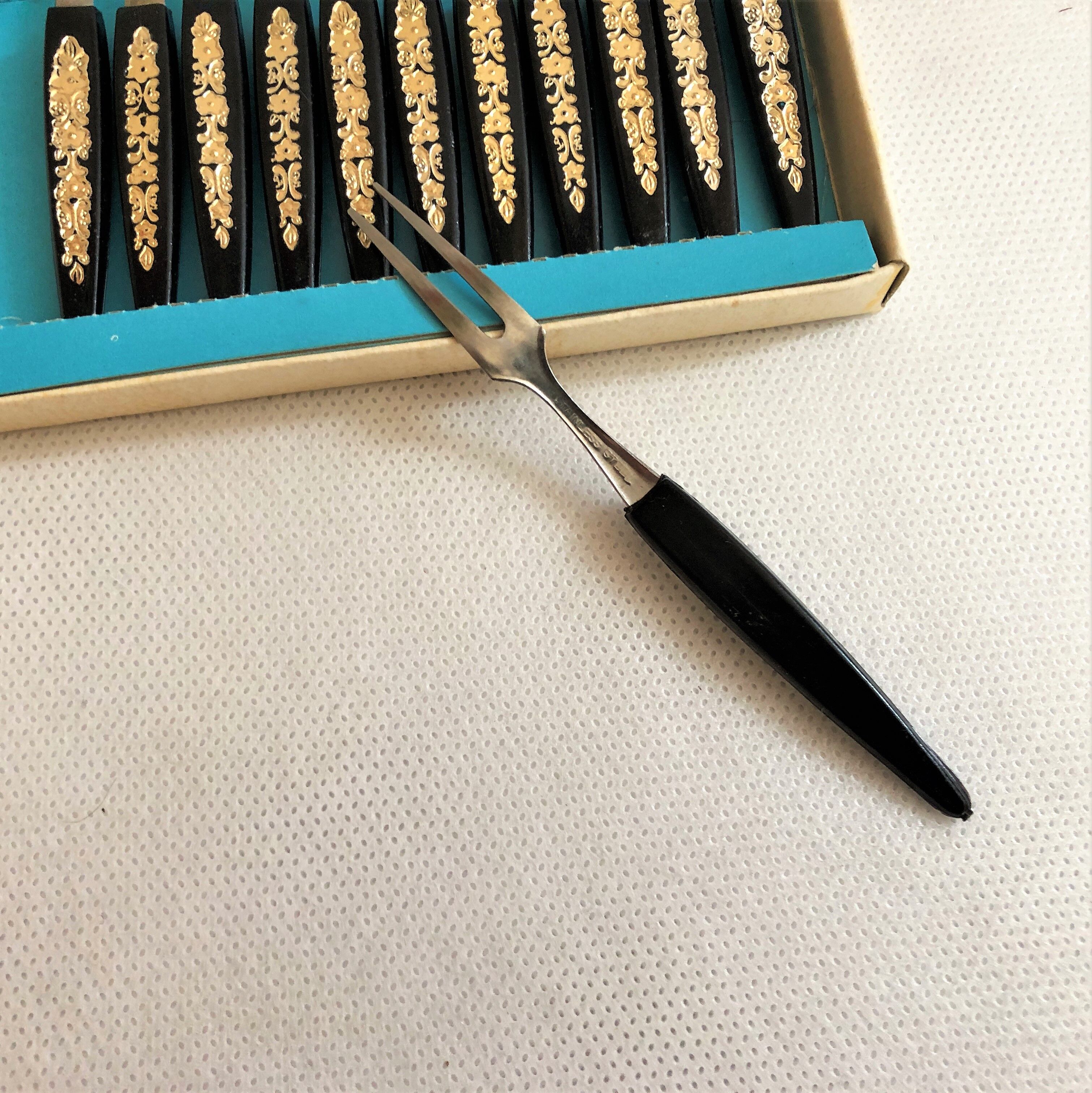 Box of 12 vintage fruit cocktail snail forks