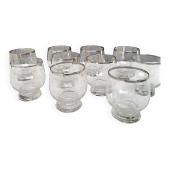 10 antique glasses with silver trim – French glassware, around 1950