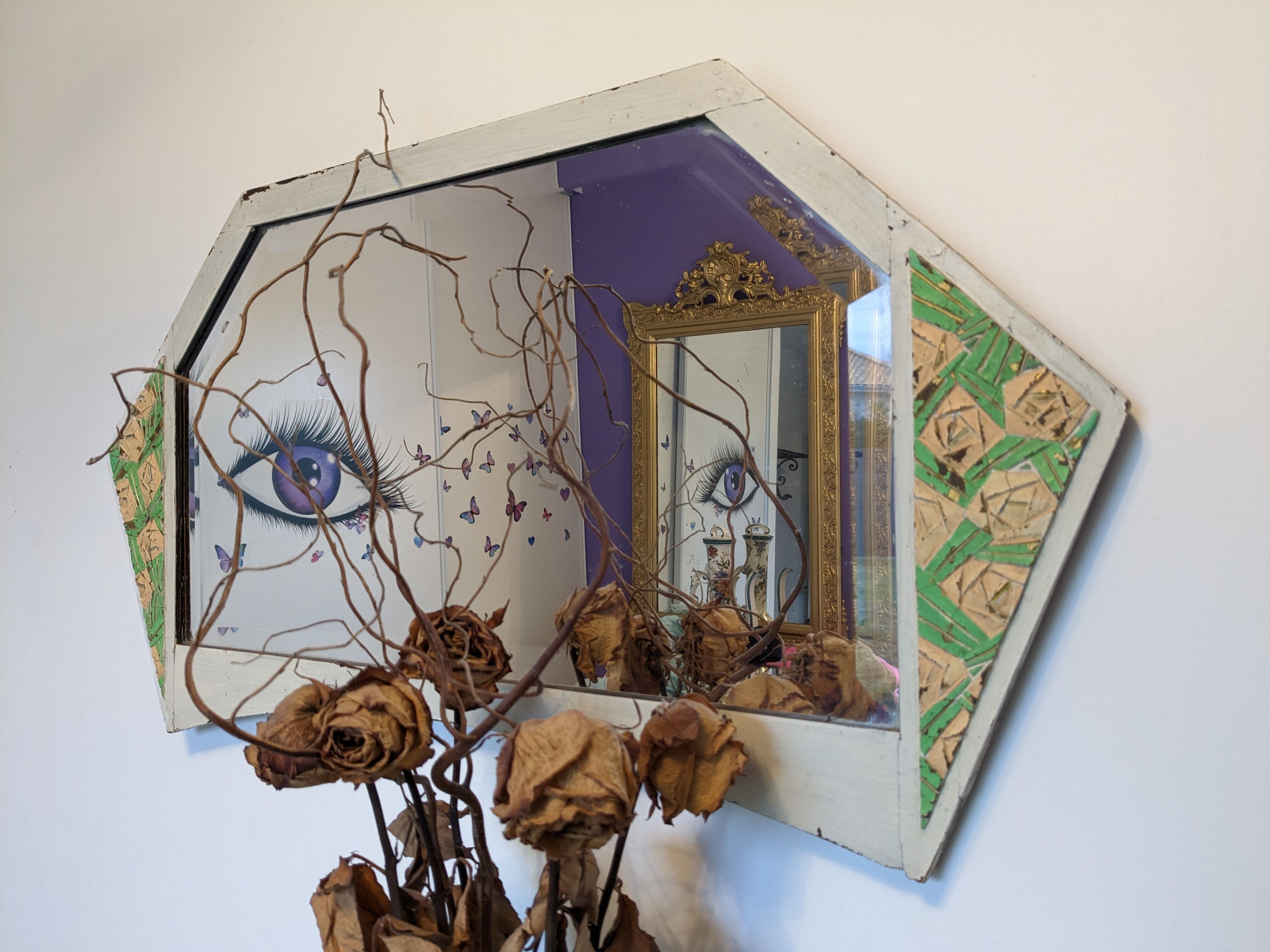 Beveled hexagonal mirror shabby chic style 79 x 42 cm