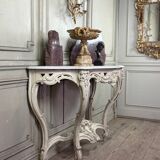 Console de style Louis XV patine beige, marbre de Carrare vers 1880