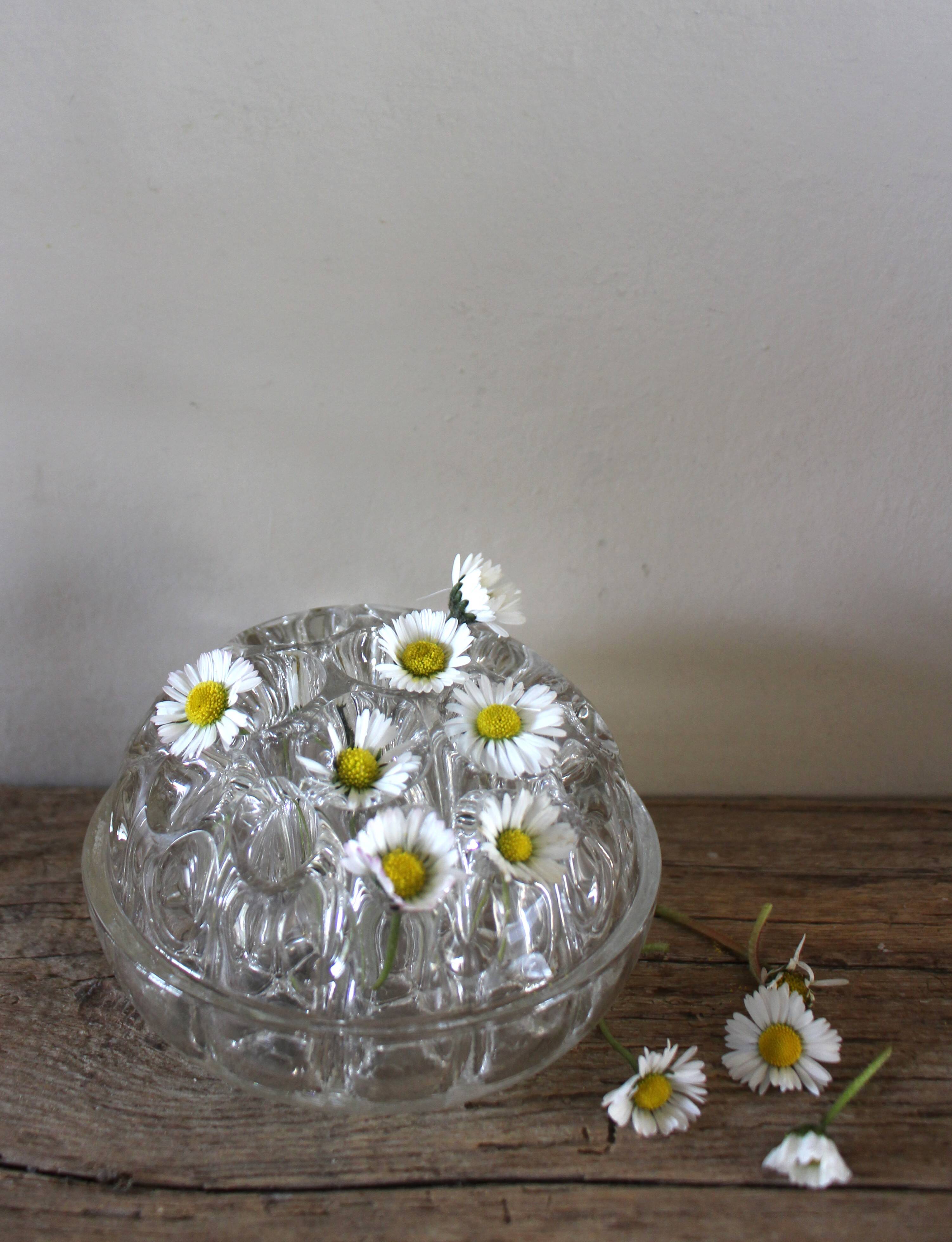 Large round glass flower frog vase with 19 holes.