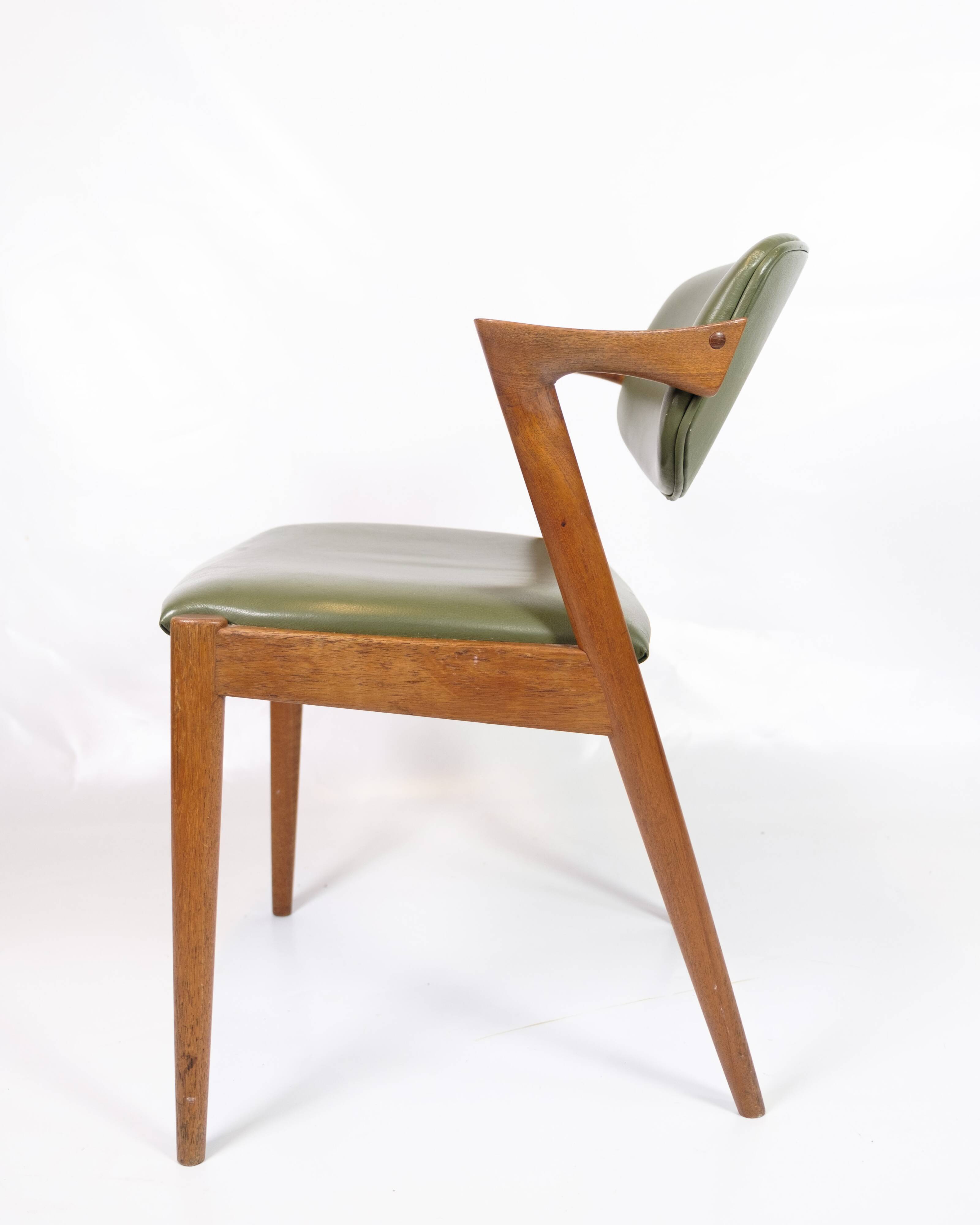 Set Of 6 Dining Chairs Model 42 Made IN Teak With Green Leather Seat By Kai Kristiansen From 1960s
