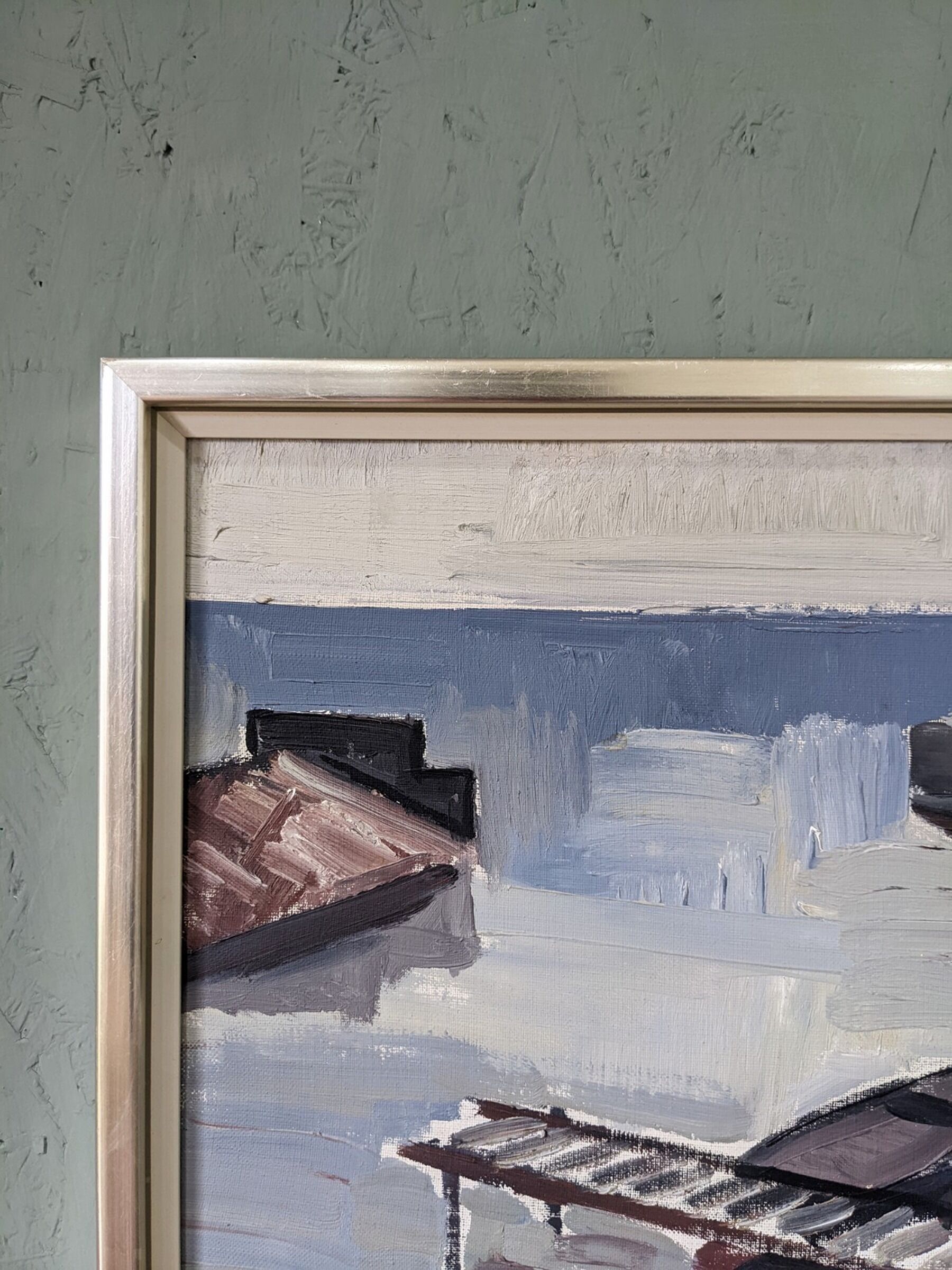 Mid-Century Modern Swedish "Boats at the Jetty" Vintage Coastal Landscape Oil Painting, Framed