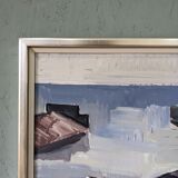 Mid-Century Modern Swedish "Boats at the Jetty" Vintage Coastal Landscape Oil Painting, Framed