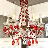Antique chandelier with red crystal pendants, 9 lights.