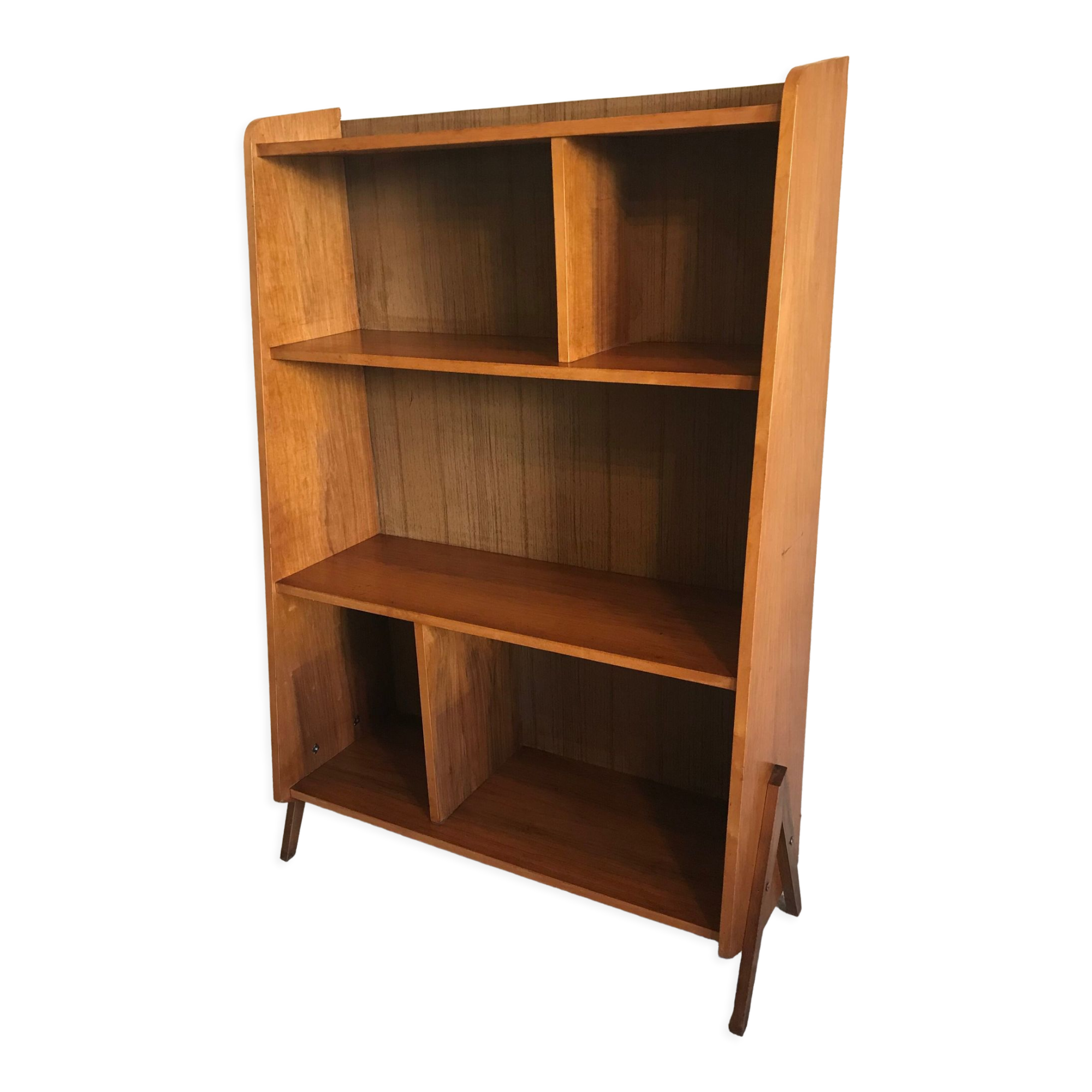 1960's vintage bookcase blond walnut and compass feet