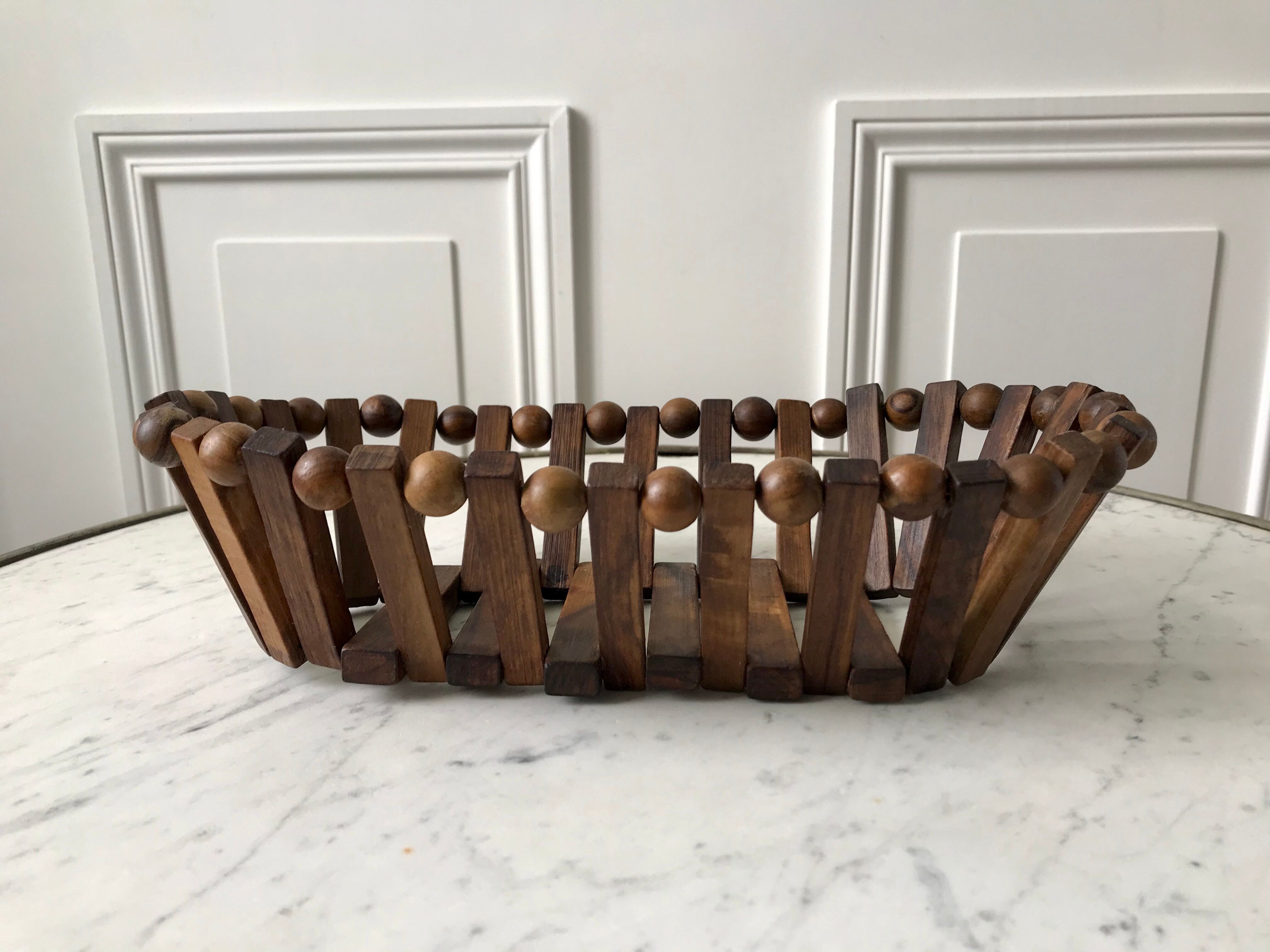 Fruit basket / bread in teak and pearl wood Scandinavian style 60s