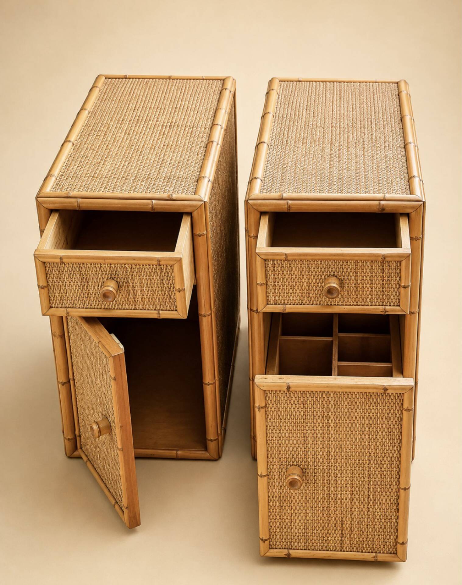 Pair of side tables / Bamboo and cane bar furniture (1970s)