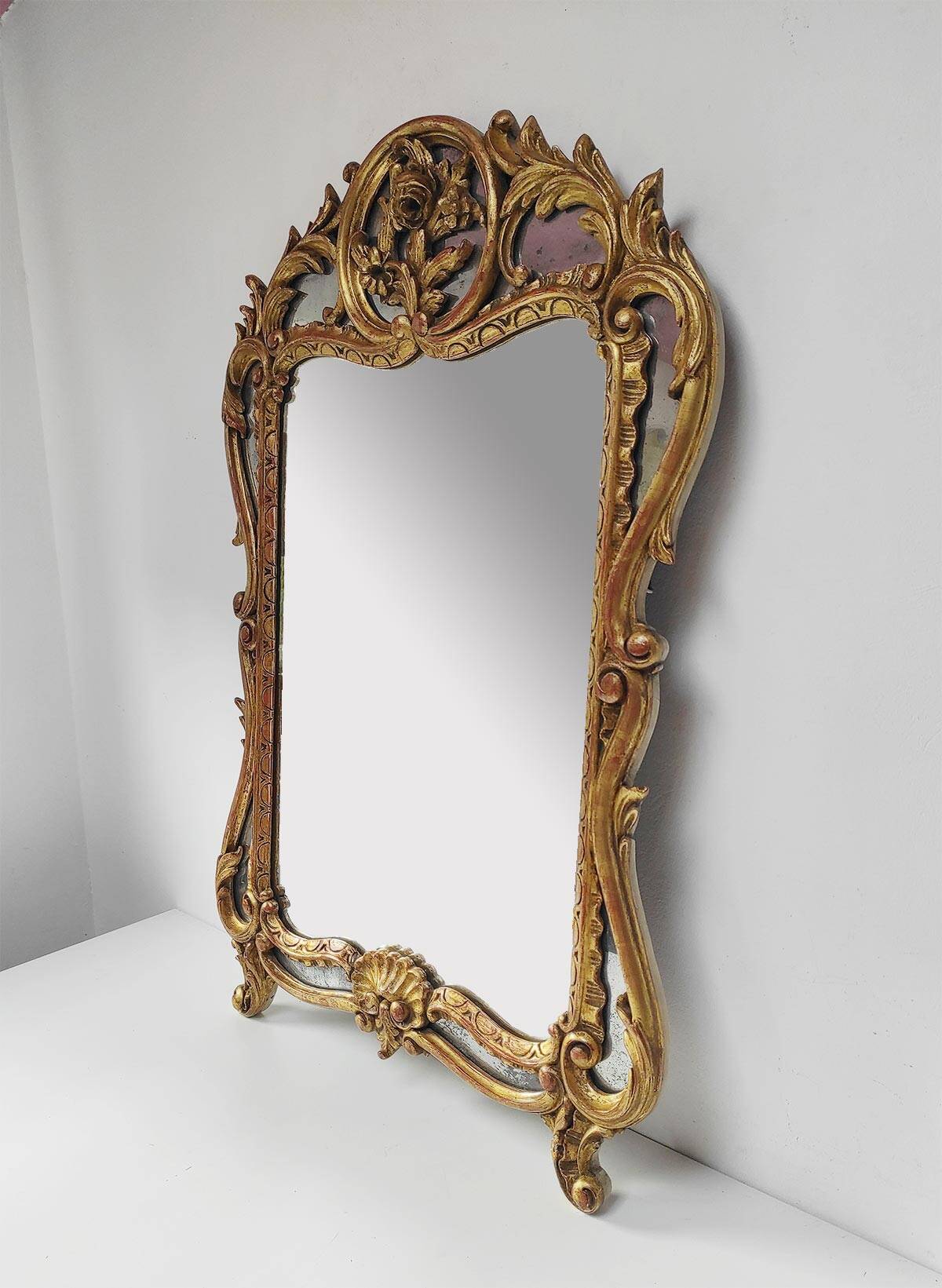Ancien miroir français en bois doré style Louis XV baroque (100*66 cm)