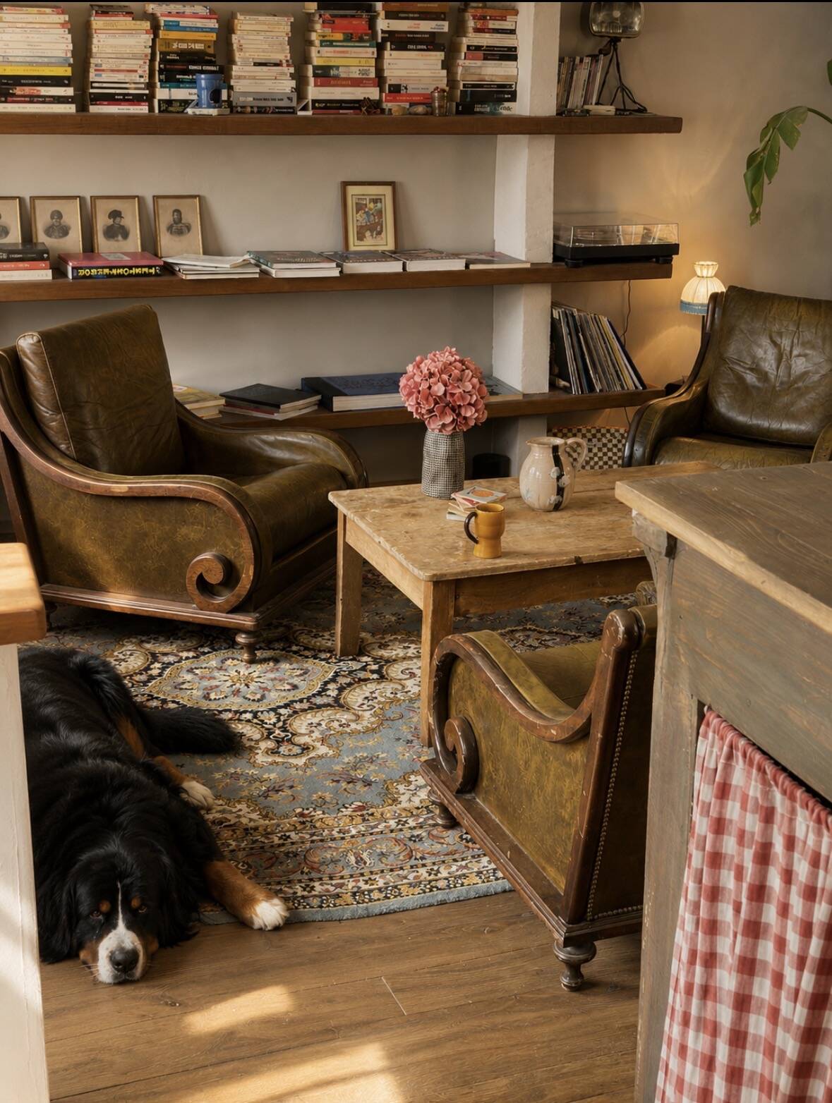 Pair of vintage cognac leather armchairs & solid wood – club/lounge style