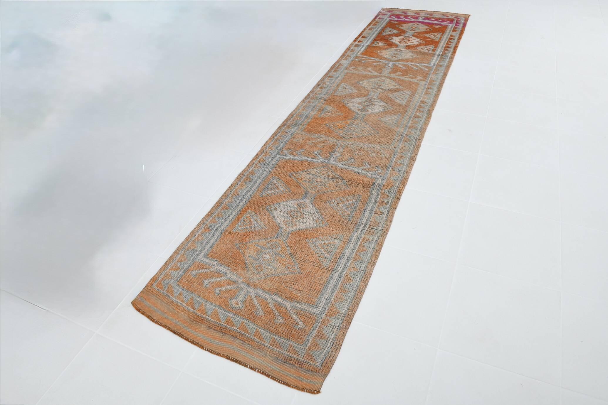 Orange & Green Turkish Runner Rug, 84x368Cm
