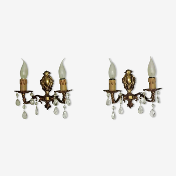 Matching Pair French Brass Traditional Style Double Crystal Wall Lights 3400