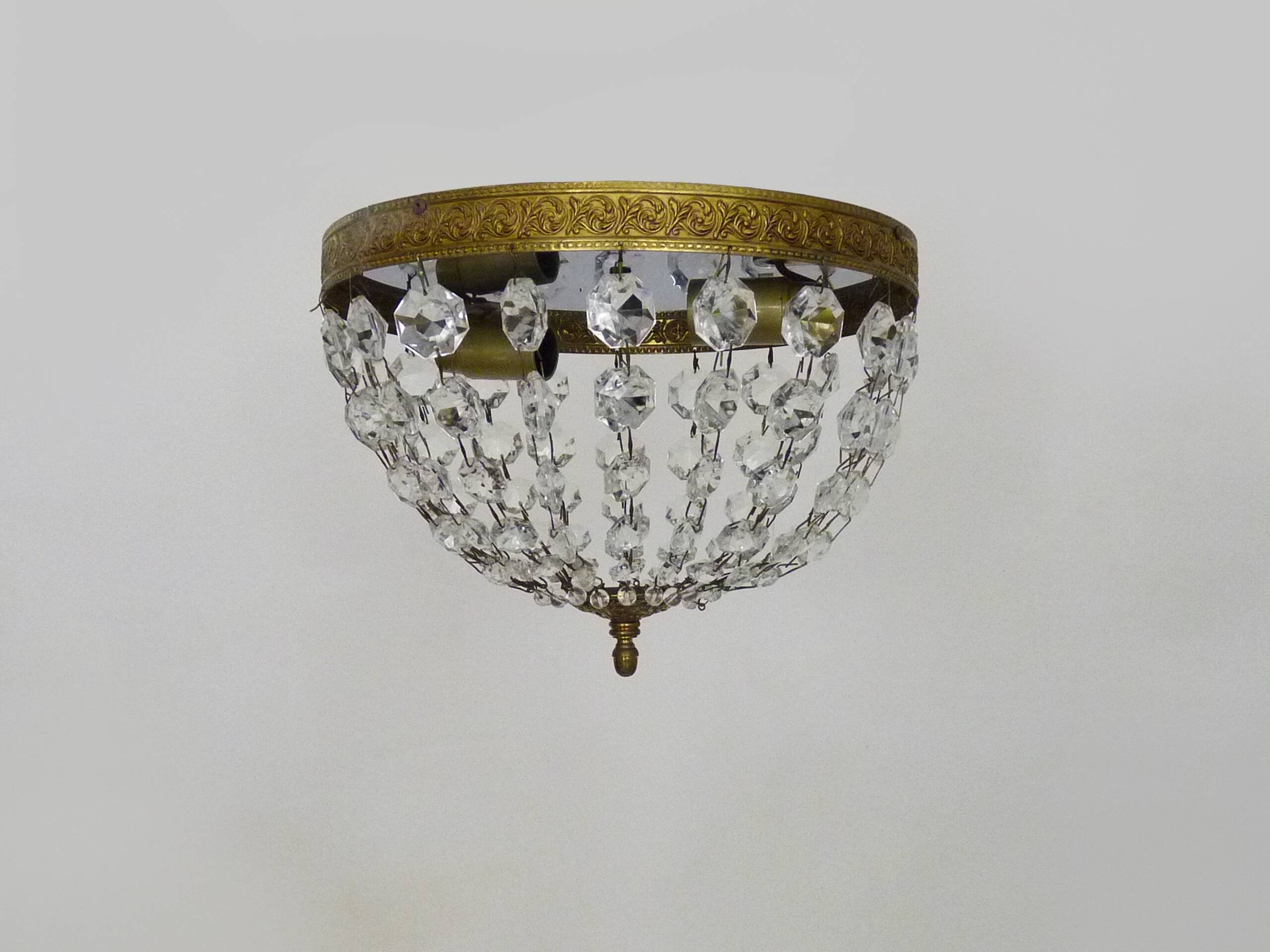 Old crown ceiling light with 2 bulbs, half basket with glass pendants.