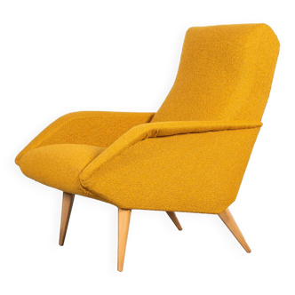 Mid Century French Armchair made of beech and yellow boucle